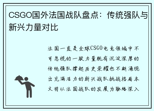CSGO国外法国战队盘点:传统强队与新兴力量对比