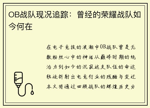 OB战队现况追踪：曾经的荣耀战队如今何在